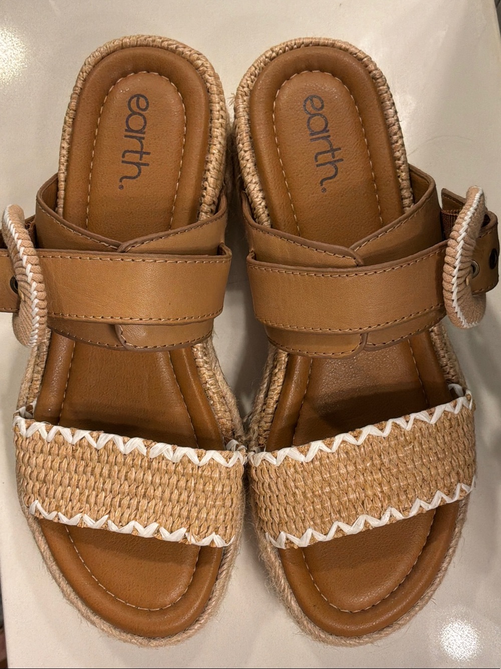 Earth Tan Woven Platform Sandals with Buckle Strap - Picture 2 of 6